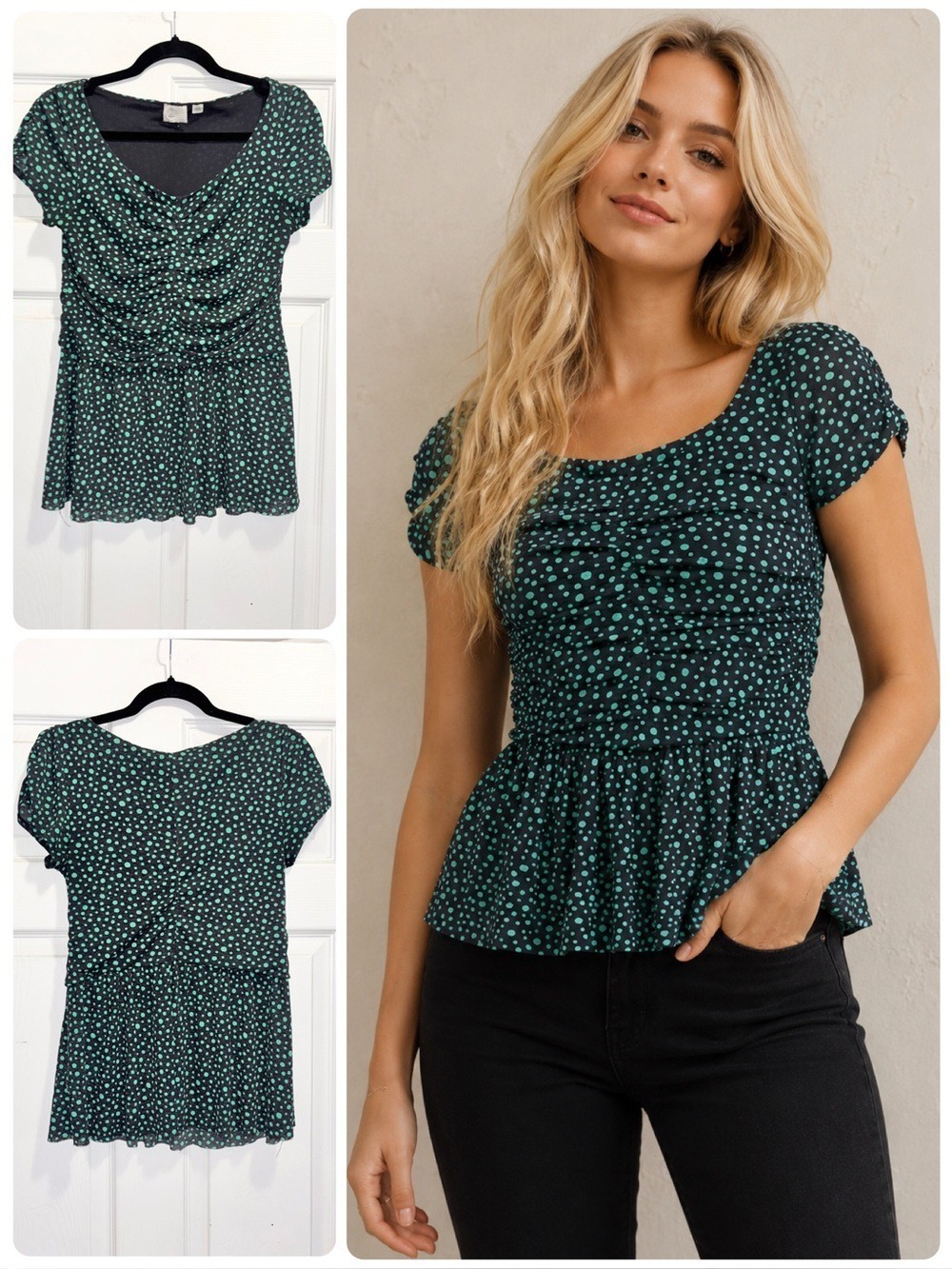Anthropologie Postmark Polka Dot Top Ruched Short Sleeve Teal Black Size Medium